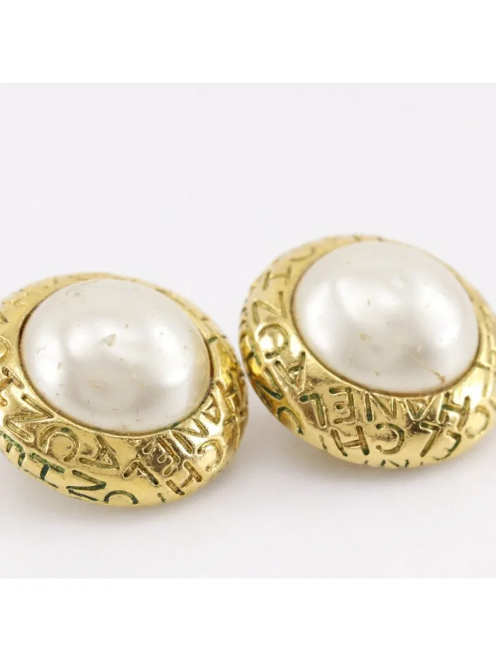 Chanel Logo Vintage Gold Plated Faux Pearl Earrings